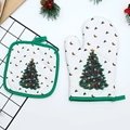 Heat resistant oven mitts and potholders set with festive Christmas tree prints - Green Christmas Tree (White)