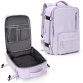 Detail view of lavender purple travel backpack showing main compartment and mesh pocket - Light Purple