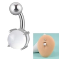 Silver 14g belly button ring with polished white opal stone in 4-prong setting - 1.6x10x5x8mm / Clear