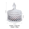 Large embossed crystal glass candy jar with domed lid and diamond textured finish - Short Fat Style - Large