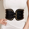 Damen Taillengürtel aus Leder im Retro-Stil mit Metallnieten und Doppelschnallen - Bronze Niete Doppelschnalle / Schwarz