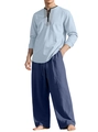 Men's casual linen set featuring a light blue long sleeve shirt and dark blue pants - Light Blue + Navy