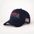 Detailed embroidery of the USA logo and American flag on a navy blue cotton baseball cap - Adjustable / Navy Blue