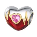 S925 sterling silver heart charm with red enamel, pink gemstone and golden EKG line - 925 Silver / Beating Heart Bead