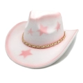 Detail of pink and white star pattern felt cowboy hat with gold metal chain trim - M (56-58cm) / White