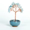 Handmade copper wire money tree with light blue crystal leaves in a ceramic pot - Aquamarine