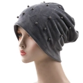 Close-up of dark grey velvet beanie featuring vertical rhinestone lines and bead details - 56-61cm / Gray