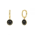 24k gold-plated 925 silver hoop earrings with black round smiley face pendants - Gold Black Smiley Face (JQH0081-GG-2)