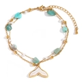 Double-layer 18K gold plated anklet with turquoise beads and mother of pearl fishtail pendant - Natural Stone Fishtail Pendant Double Layer Chain - Gold