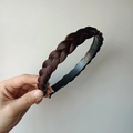 Hand-braided brown synthetic hair headband with non-slip inner teeth for women - Thin Twist Braid (2CM Wide) / Dark Brown