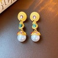 Vintage gold plated drop earrings with colorful gemstones and large white pearl accents - Vintage Cage Style Gemstone Pearl (HE10478)