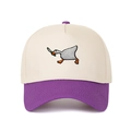 Close-up of the goose holding a knife embroidery on a beige and purple baseball cap - Cream/Purple