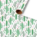 Gift wrapping paper with cute green cactus and pink floral pattern on white background - Cactus / 50*70CM