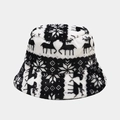 Winter plush bucket hat featuring black and white reindeer and snowflake patterns - One Size / Black