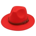 Detail of red wool felt fedora featuring a brown leather belt strap with metal buckle - Orange Red