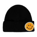 Black ribbed knit beanie for women featuring a bright yellow fluffy smiley face patch - One Size / Black