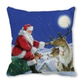 Detailed close-up of Santa Claus feeding a reindeer on a navy blue velvet pillow cover - 18x18 Inch / Santa Feeding Reindeer at Night