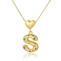 Macro detail of gold letter S pendant with multi-color zircons and heart clasp - S