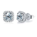 Macro shot of silver halo stud earrings featuring round cut moissanite and square outer frame - Square Halo Studs White Moissanite 0.5ct