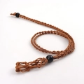 Handmade brown braided cord necklace with adjustable mesh pouch and black bead accents - Necklace / Brown