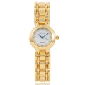 Detail of gold square quartz watch with crystal indices and blue hands on white dial - Round Rhinestone Gold