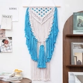 Handwoven macramé wall hanging in cream and bright blue with fringe and beads - Middle Eastern Style Tassel Tapestry