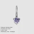 Delicate 3mm Amethyst round purple zirconia pendant charm in silver stainless steel - June Light Purple - Silver