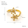 18k gold plated stainless steel open ring with zircon floral design and product dimensions - Double Flower Style (ZR1148G)