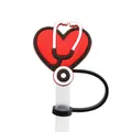 Silicone straw cover with red heart stethoscope design for nursing theme gifts - 1718-25 Red Heart Stethoscope