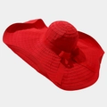 Detail of red wide brim sun hat featuring wavy edges and a matching elegant bow ribbon - One Size / Red With Bow