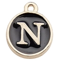 Round gold-rimmed black enamel pendant featuring a metallic letter N charm for DIY jewelry - Letter N / 1 Piece (12x14mm) / Black