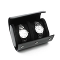 Premium black leather double watch travel roll case with two men's stainless steel watches - Smooth Black - 2 Slots