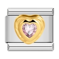 Italian charm link in silver and gold featuring a faceted pink heart gemstone - Pink Rhinestone (C1526) / Gold