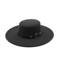 Detail of black flat top wool hat with leather band and gold buckle in vintage style - M (56-58cm) / Black