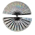 Bamboo rib folding fan with rainbow laser holographic hexagon honeycomb pattern - Silver Holographic Laser C33