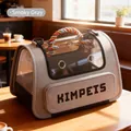 Smoke grey foldable pet carrier with clear window and colorful woven handle for cats - Gray