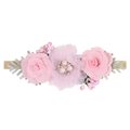 Close-up of pink fabric roses and mesh flowers with pearls on elastic nylon baby headband - Style 22 (22)