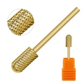 Macro detail of golden carbide nail drill bit with knurled texture and orange base - Gold Nail Drill Bit 04