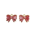 Pair of red enamel bow alloy pendants with golden edges and circular hanging loops - Red