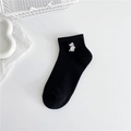 Black cotton ankle sock for women featuring a cute white cat embroidery on the side - Black - Cat