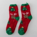 Red coral fleece Christmas socks featuring green heel and reindeer tree patterns - One Size / Tree and Reindeer Head