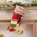 Red and beige Christmas stocking with snowman doll hanging on fireplace - Extra Large Snowman Head Sock