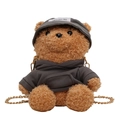Cute brown plush bear bag wearing a dark grey hoodie and cap with golden chain strap - Gray