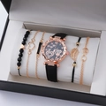 Women's quartz watch and beaded bracelet set in black gift box with rose gold accents - Style 3 (No Gift Box)
