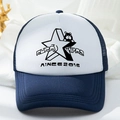 Close-up of navy and white trucker hat featuring star print and mesh back panels - One Size(Adjustable) / Navy Blue