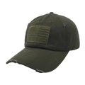 Close-up of distressed olive green baseball cap with monochrome American flag patch - Green - US Flag