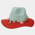 Close-up of contrast color straw hat featuring shell decorations and woven hemp rope band - Light Green and Red Brim