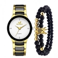 Set orologio da uomo Orlando nero oro con bracciale a due file di perline nere e corona - Quadrante Bianco + Bracciale Corona