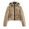 Glossy gold hooded puffer jacket with black zipper and drawstring hem on white background - XS / Earthy Yellow