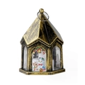 Vintage gold Christmas lantern with snowman and reindeer illustrations for festive holiday decor - Bronze Snowman Style